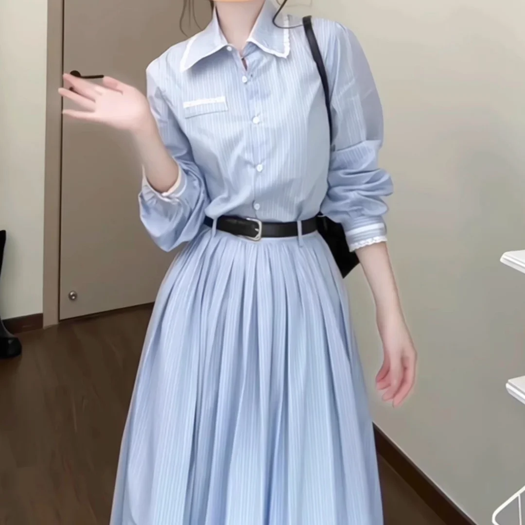 أنيقة الحلو Preppy النساء قمصان طويلة فساتين خمر الأزرق مخطط بولو طوق زر حتى فساتين مطوي الكورية أزياء الربيع