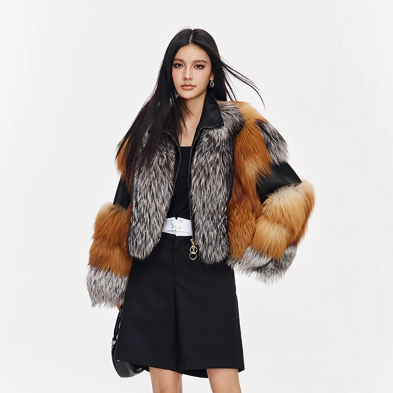 Ftangaiur mulheres inverno importação casaco de pele de raposa manga longa feminino colorido casacos de raposa turn-down colarinho curto casacos de pele de raposa natural