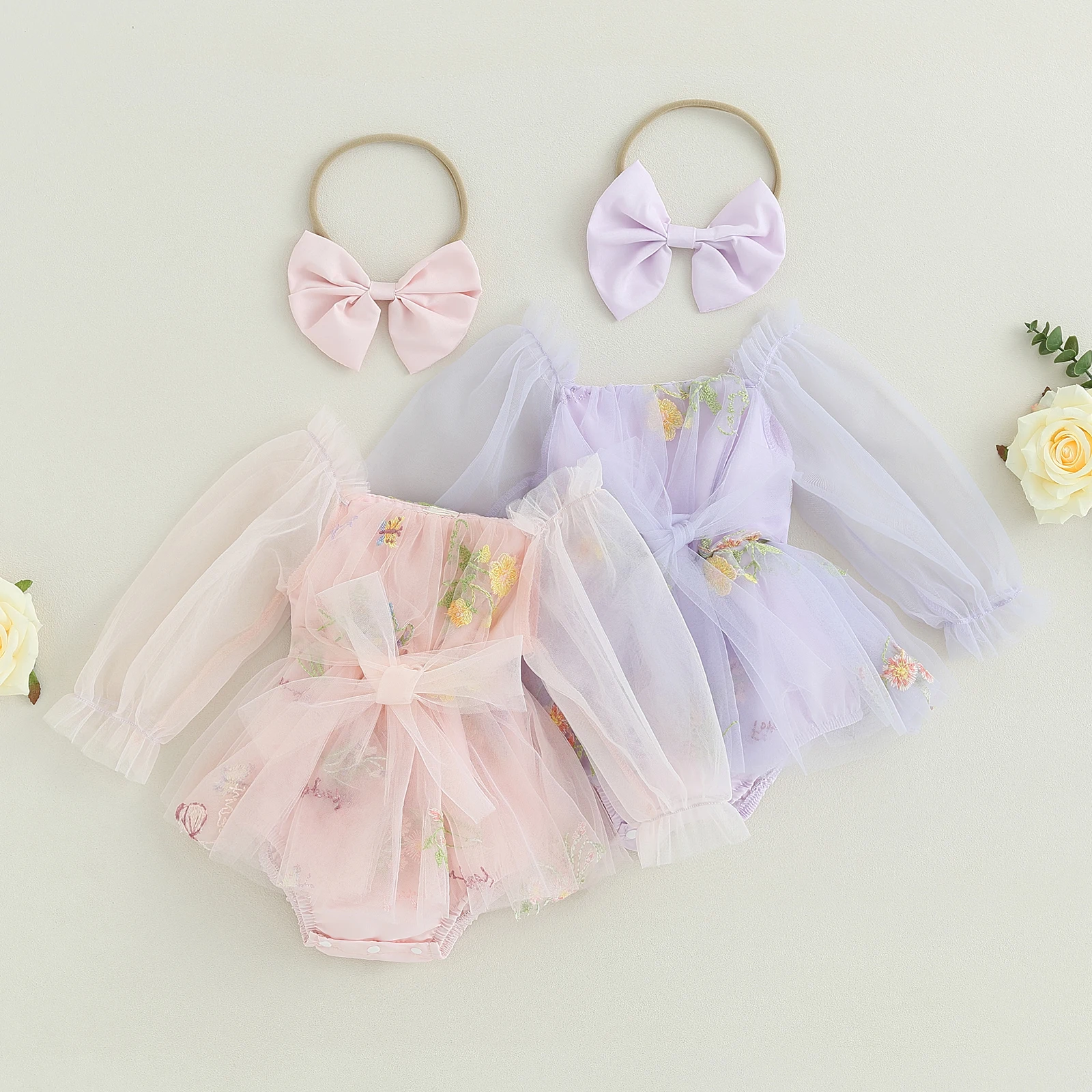 

Baby Girl Tutu Romper Dress with Bow Headband Mesh Long Sleeve Floral Embroidery Skirt Sundress Spring Fall Outfit