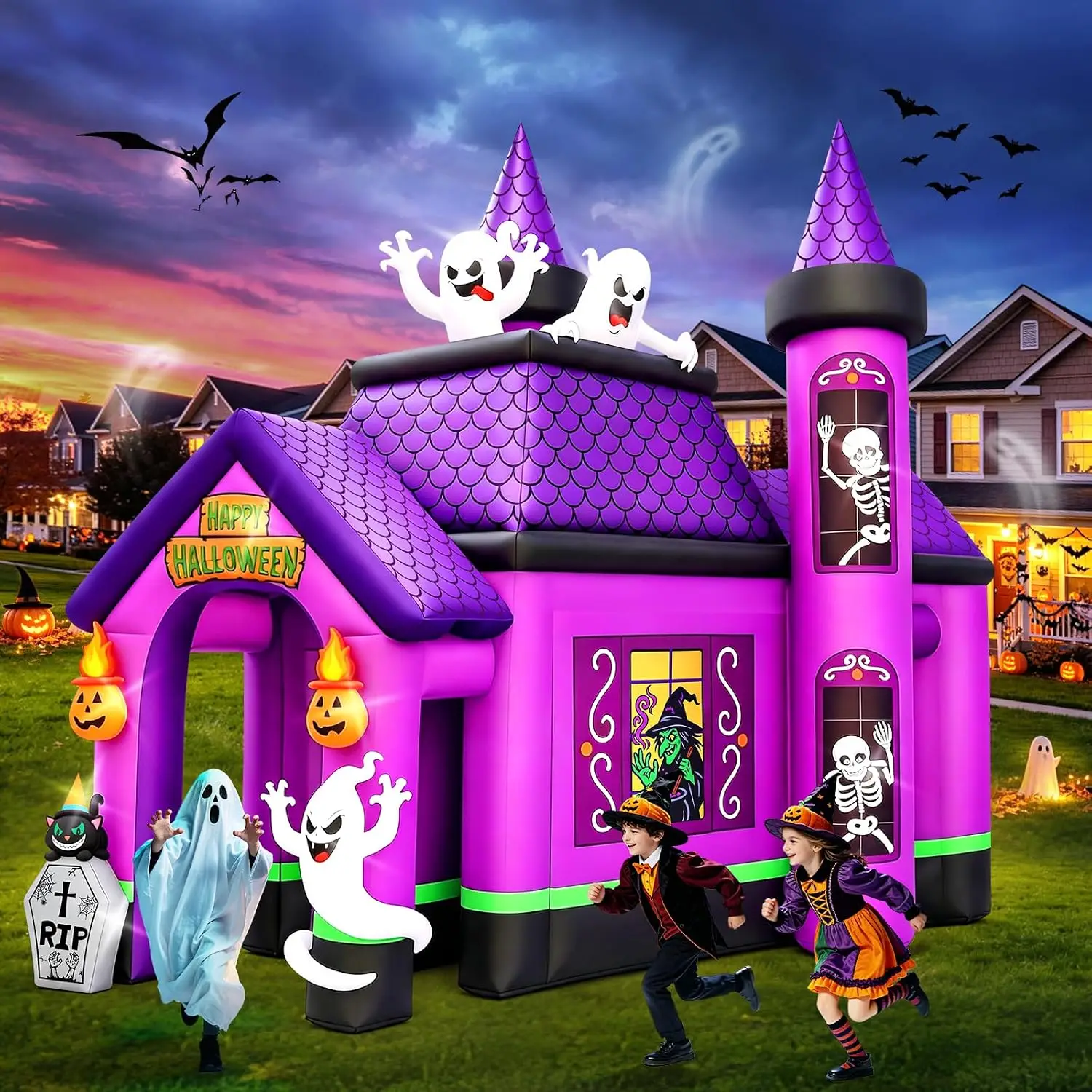 12FT Halloween Inflatable Archway Purple Ghost Witch Tunnel Outdoor Decor Haunted House Theme Bounce House Accessory