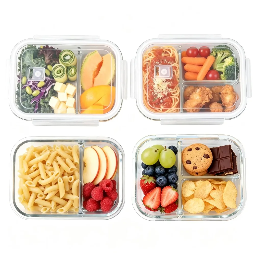 Glass Food Storage Containers with Dividers 8-Piece Meal Prep Set Leak-Proof Bento Lunch Boxes Microwave Oven Dishwasher Freezer Safe Glass Tupperware