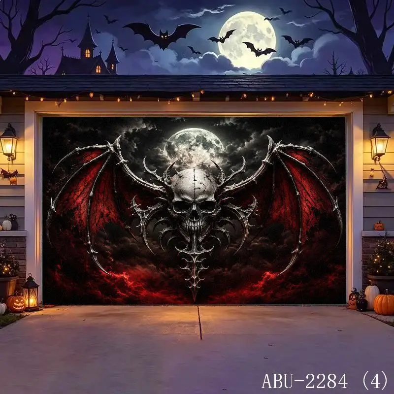 VIKAMA Halloween Skull Thorn Red Rose Full Moon Castle Garage Door Cover Tapestry Spooky Gothic Outdoor Home Decor Aesthetic