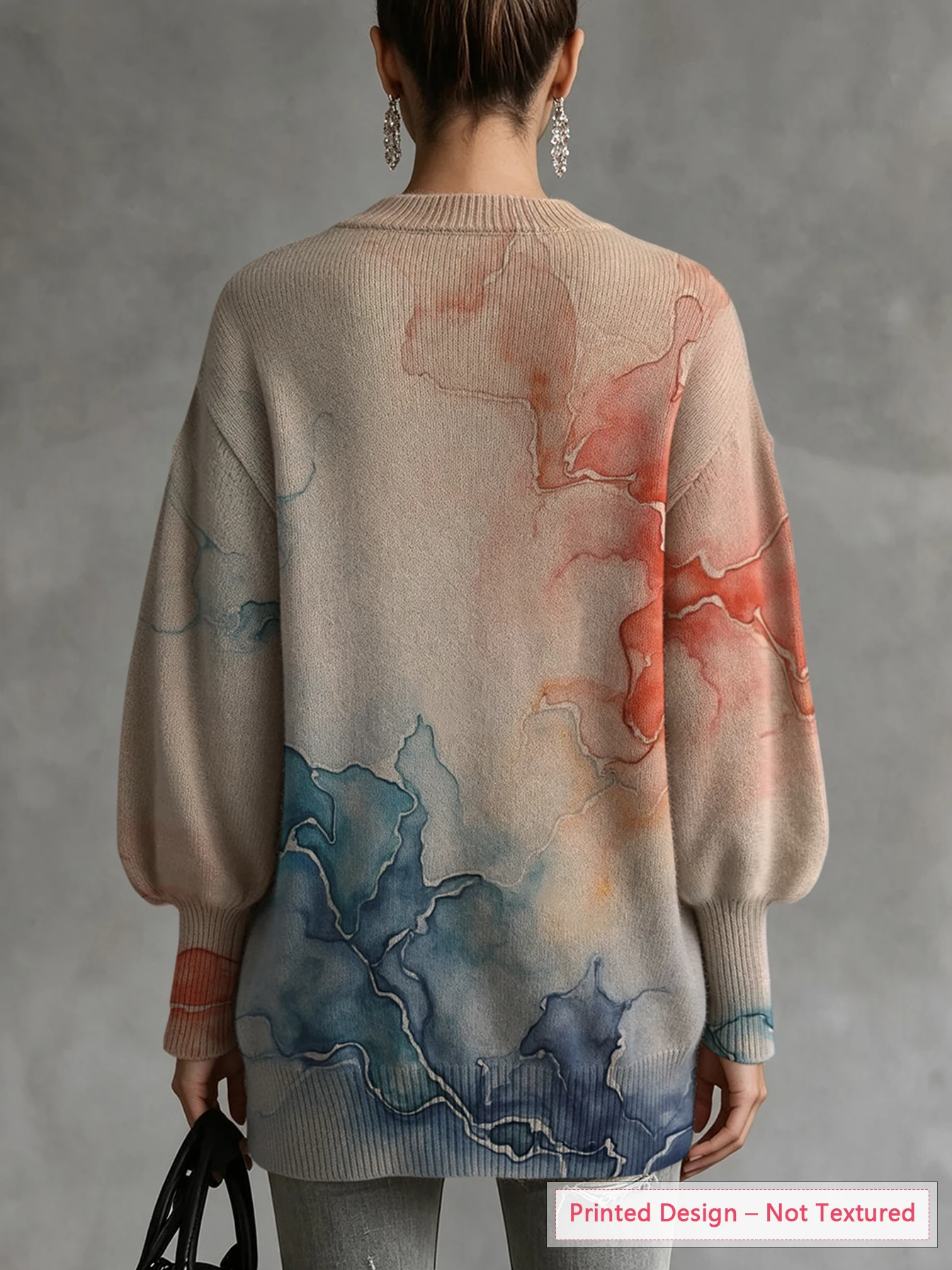 Women's Autumn and Winter Tops, Irregular Hem, Lantern Sleeves, Thin Pullover Sweater, Artistic Tie-Dye Pattern Print, Casual Style Outfit