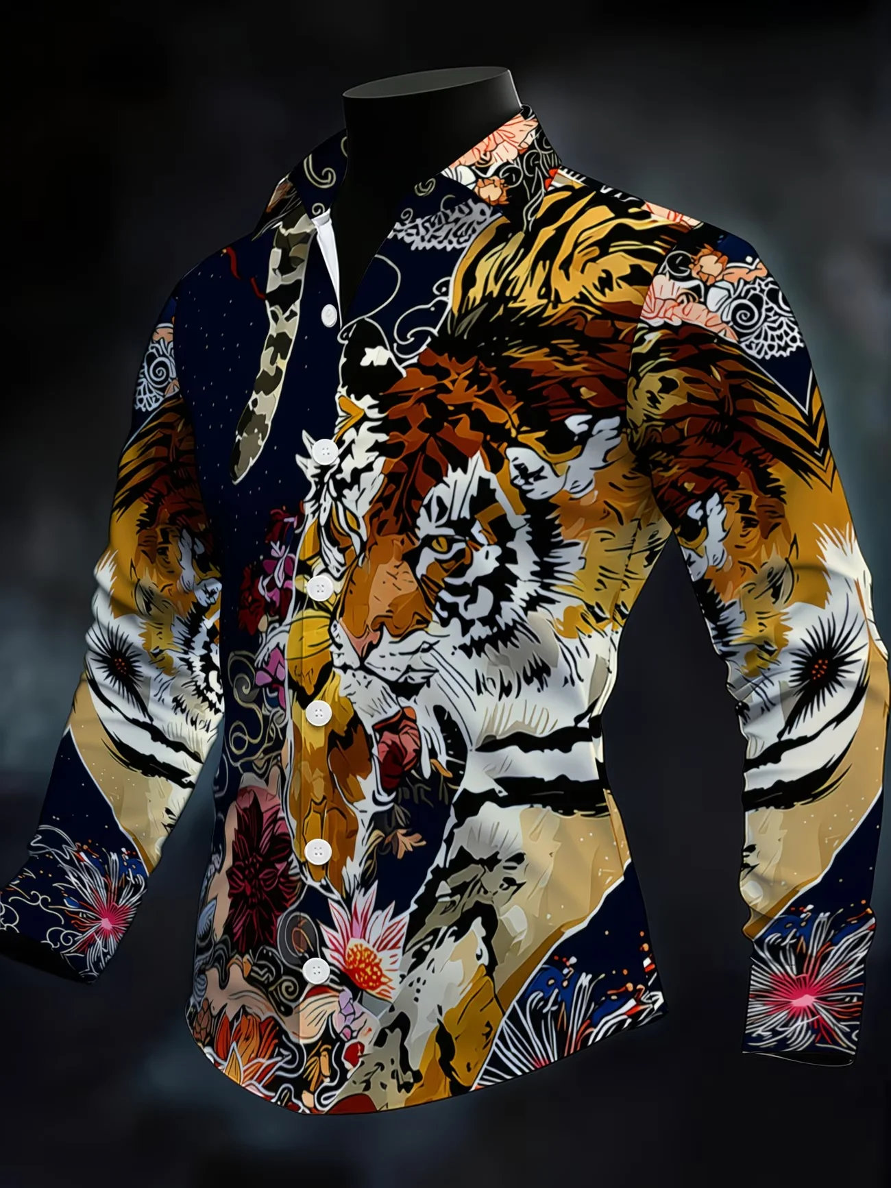 

New red blue contrasting fluid art gold powder print men's long sleeved shirt slim fit business casual floral shirt