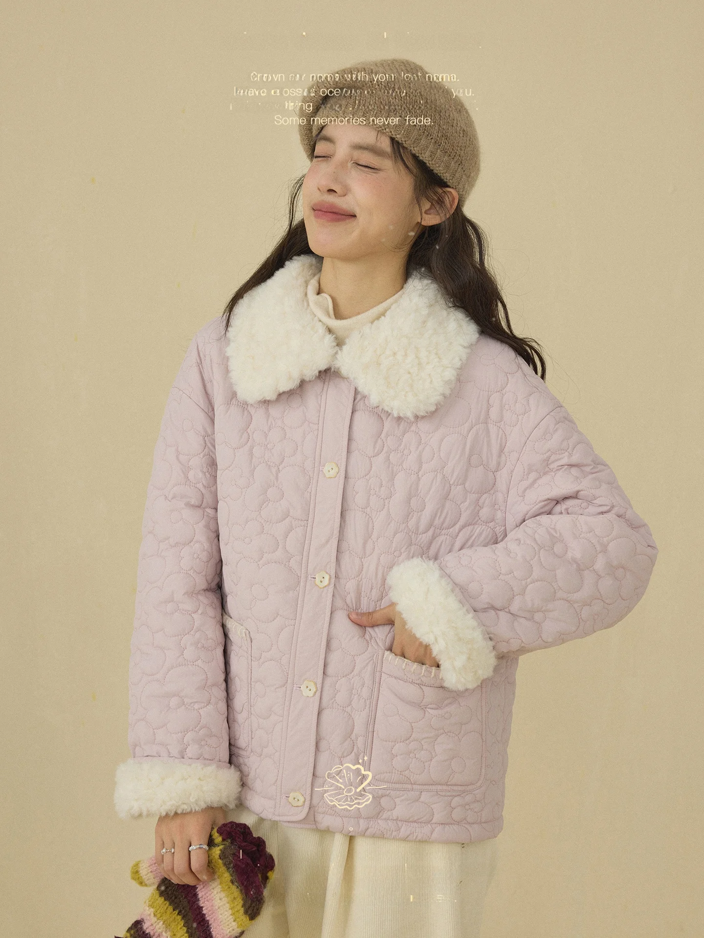 

Nov Et Winter Cotton Jaet Women's Floral Stitching Colion Design Fur Collar Loose Fit Long Sve Vintage Sle