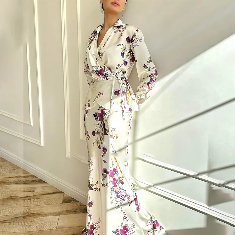 

Fashion Flower Print Two Piece Sets Solid Color Long-sleeved Lace-up Top Long Skirt Sets 2026 Spring New Elegant Office Outfits