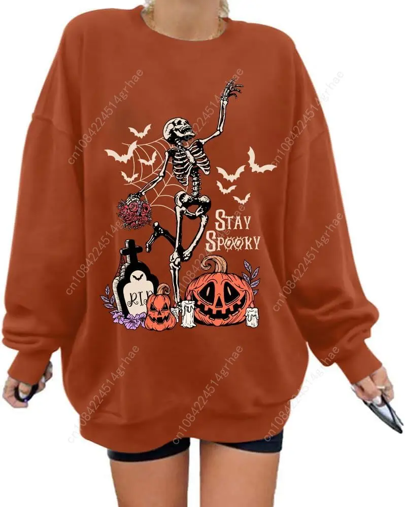 سويت شيرت الهالوين للنساء، قميص هيكل عظمي للرقص كبير الحجم، بلوفر برسومات جمجمة مخيفة، هدية على شكل يقطين #5