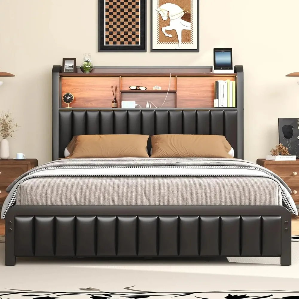 

Queen Bed Frame 54.3" Tall with 3-Tier Storage Headboard and Charging Station, Metal Platform Bed Frame with LED Lights and PU L