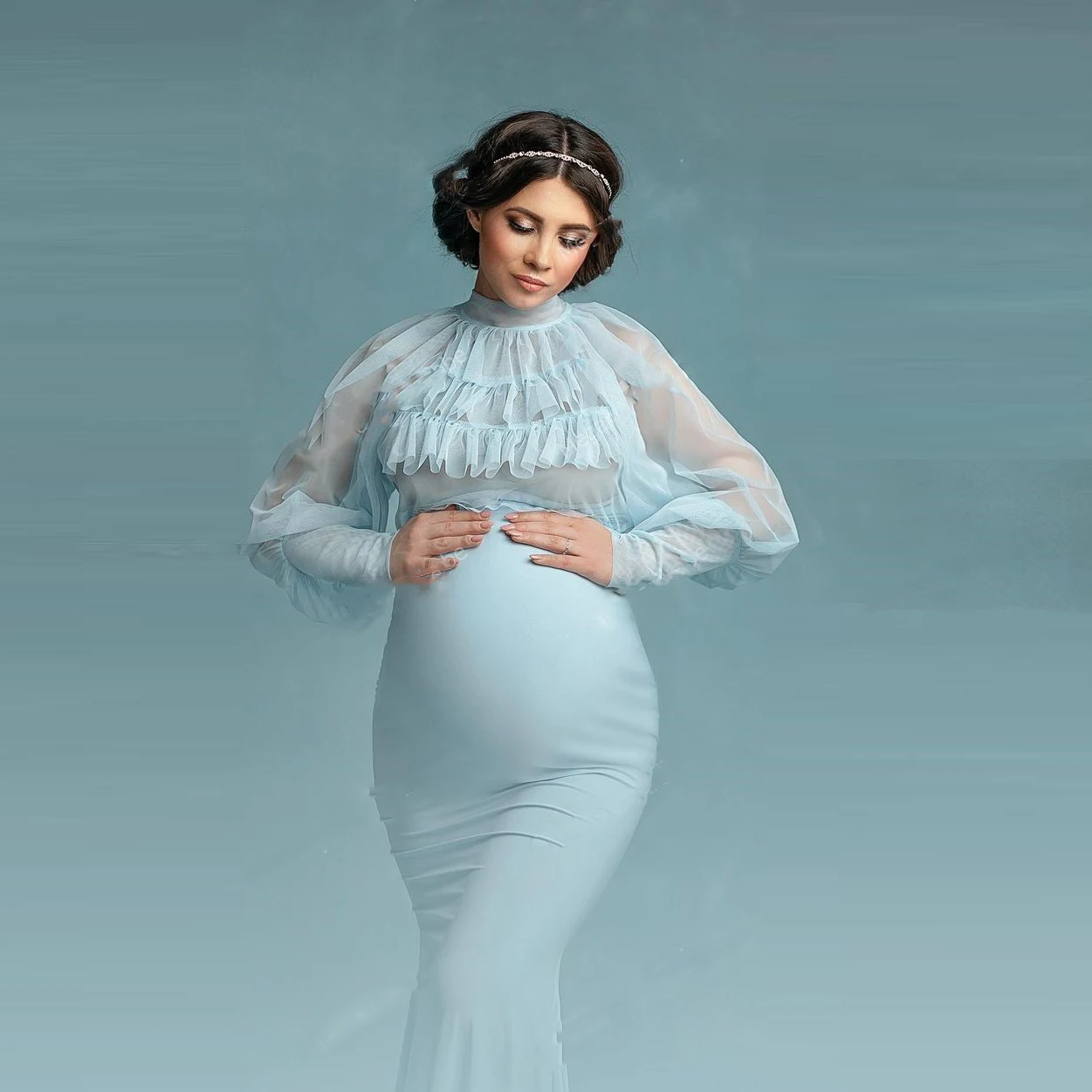 Pretty Pale Blue Stretchy Pregant Women Dresses Baby Shower Photography Full Sleeves Mermaid Puffy Maternity Dress Photo Shoot