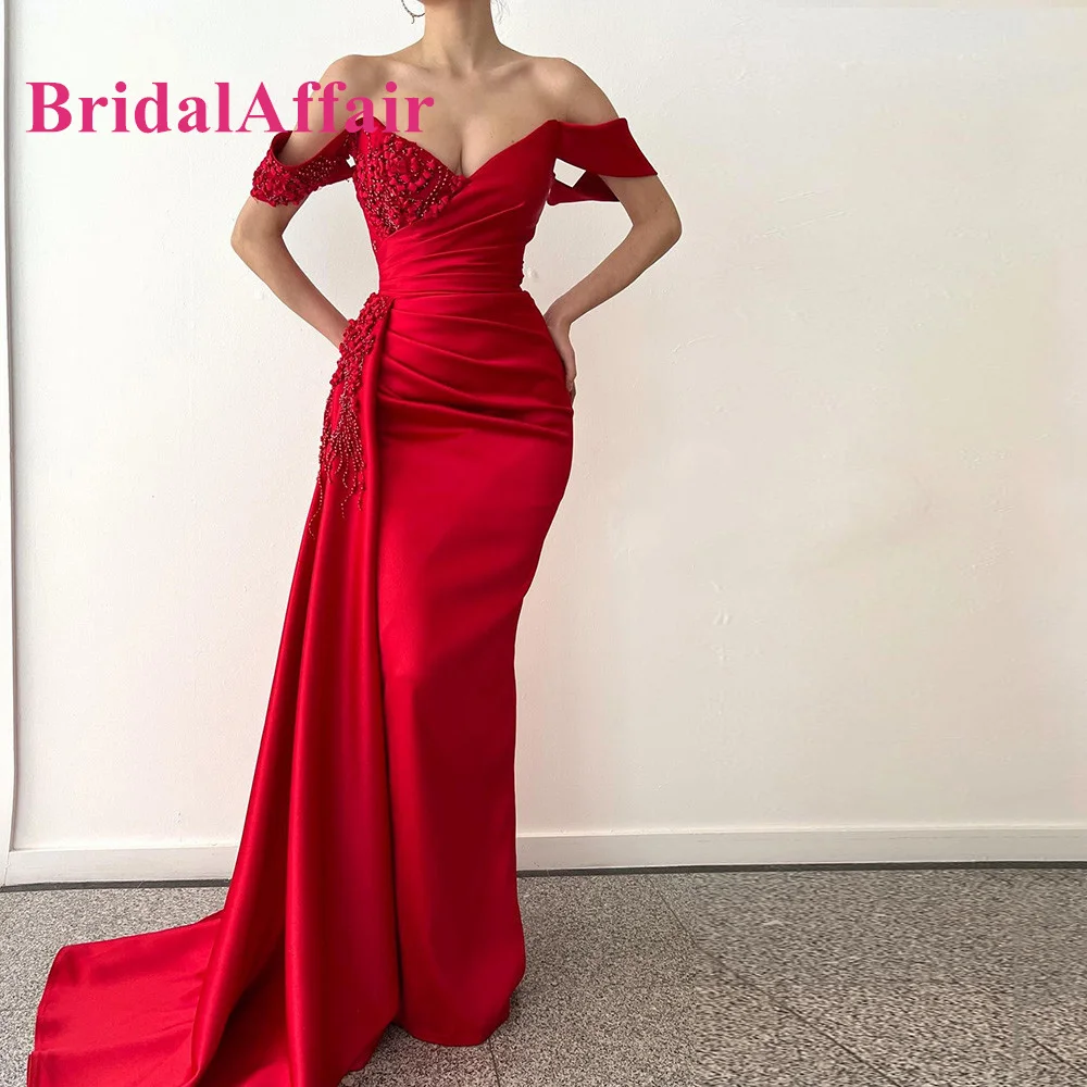 

BridalAffair Red Bride Evening Dresses Off Shoulder Beaded Dubai Mermaid Celebrity Gowns Pleated Arabia Formal Party Dress