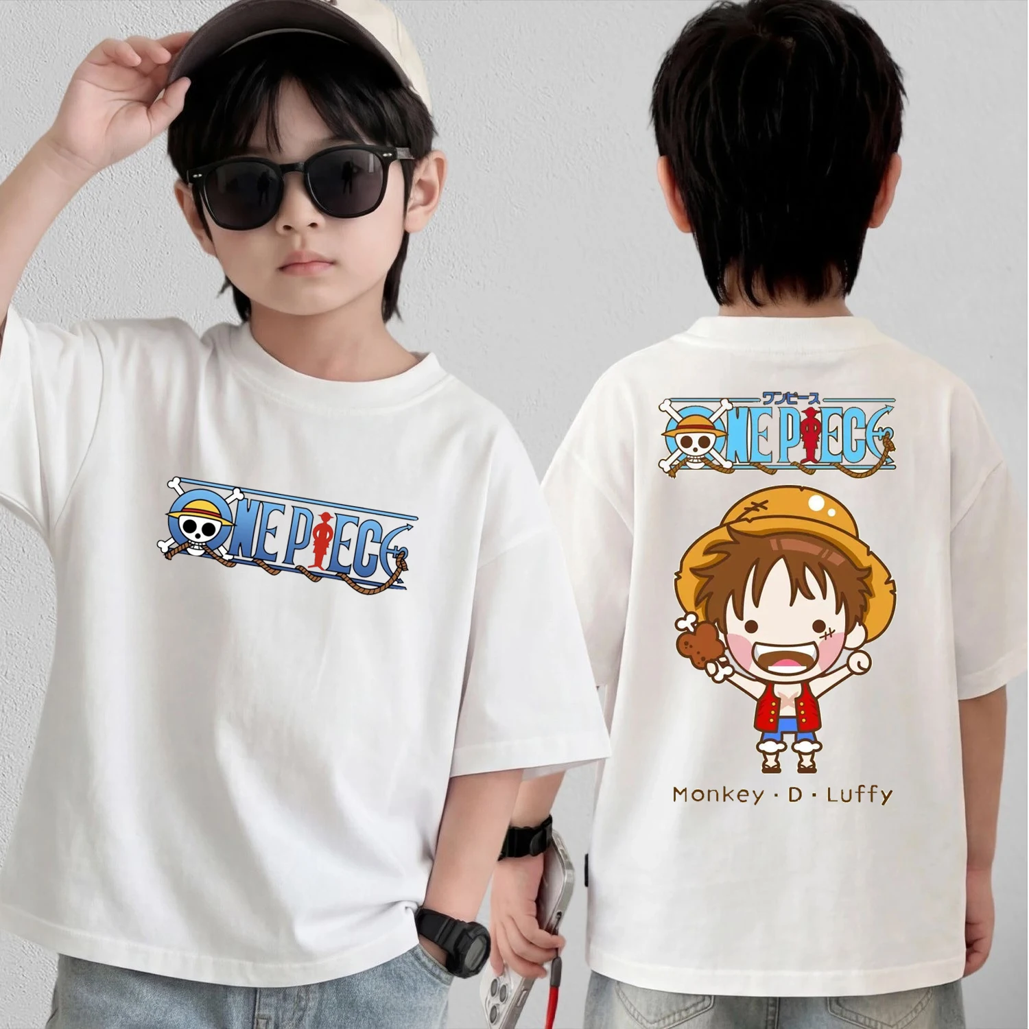 

Футболка для косплея в стиле аниме One Piece, хлопковые топы с короткими рукавами, повседневная свободная футболка в стиле ретро для мужчин, женщин и детей, одинаковые комплекты для всей семьи
