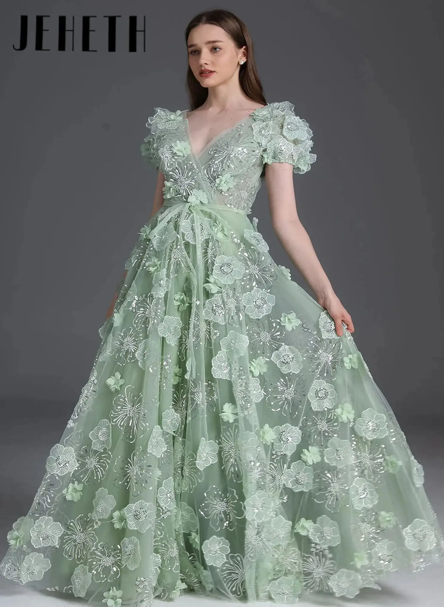 

V-neck Puff Sleeves 3D Floral Sequined Long Prom Dress Glitter Appliques Floor-Length Party Robe Special Occasion Customized