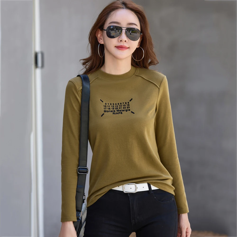 Women Flocking Letter Print T-shirt Spring Autumn Fashion Small O-Neck Long Sleeve Slim Bottoming Shirt Casual Simplicity Tops