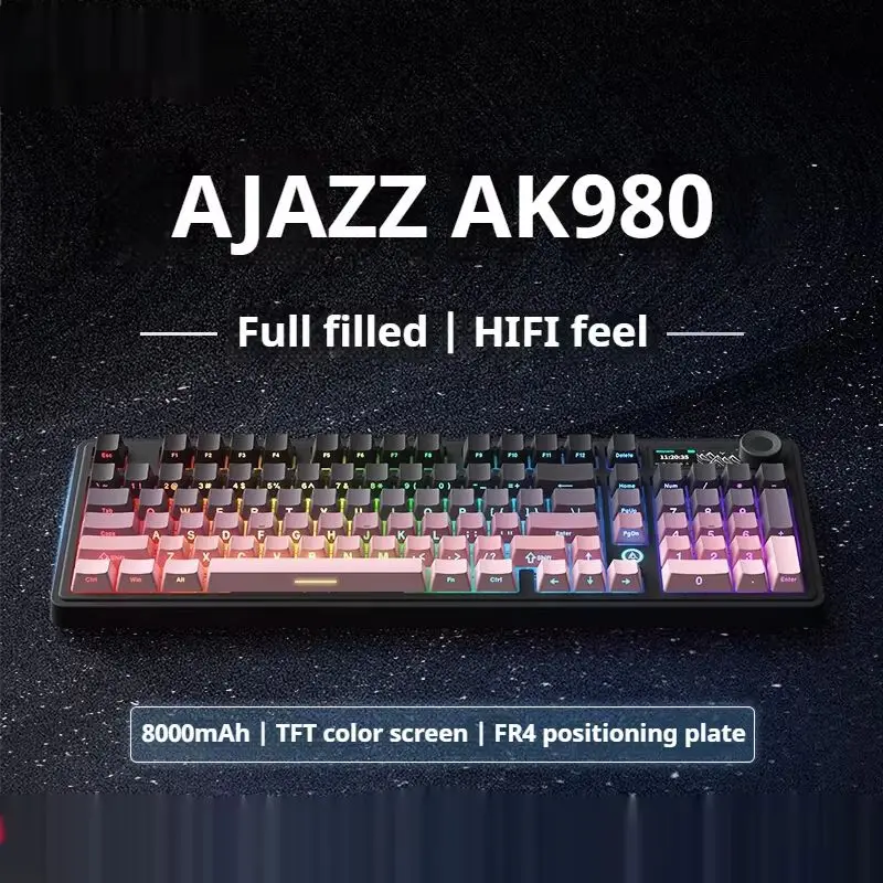 Ajazz Ak980 Wireless Tri Mode Mechanical Keyboard 2.4g Bluetooth 98keys Tft Screen Side Carved Gaming Office Keyboard Gifts