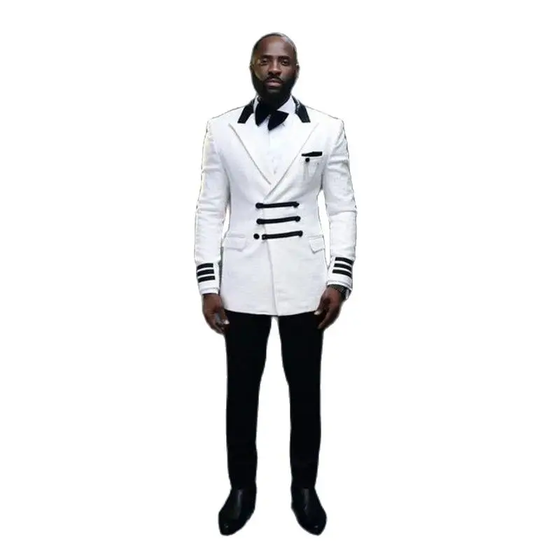 African Men Suits Black White Double Breasted Peaked Lapel Regular Length Flat Smart Casual 2 Piece Jacket Pants Casual Blazer