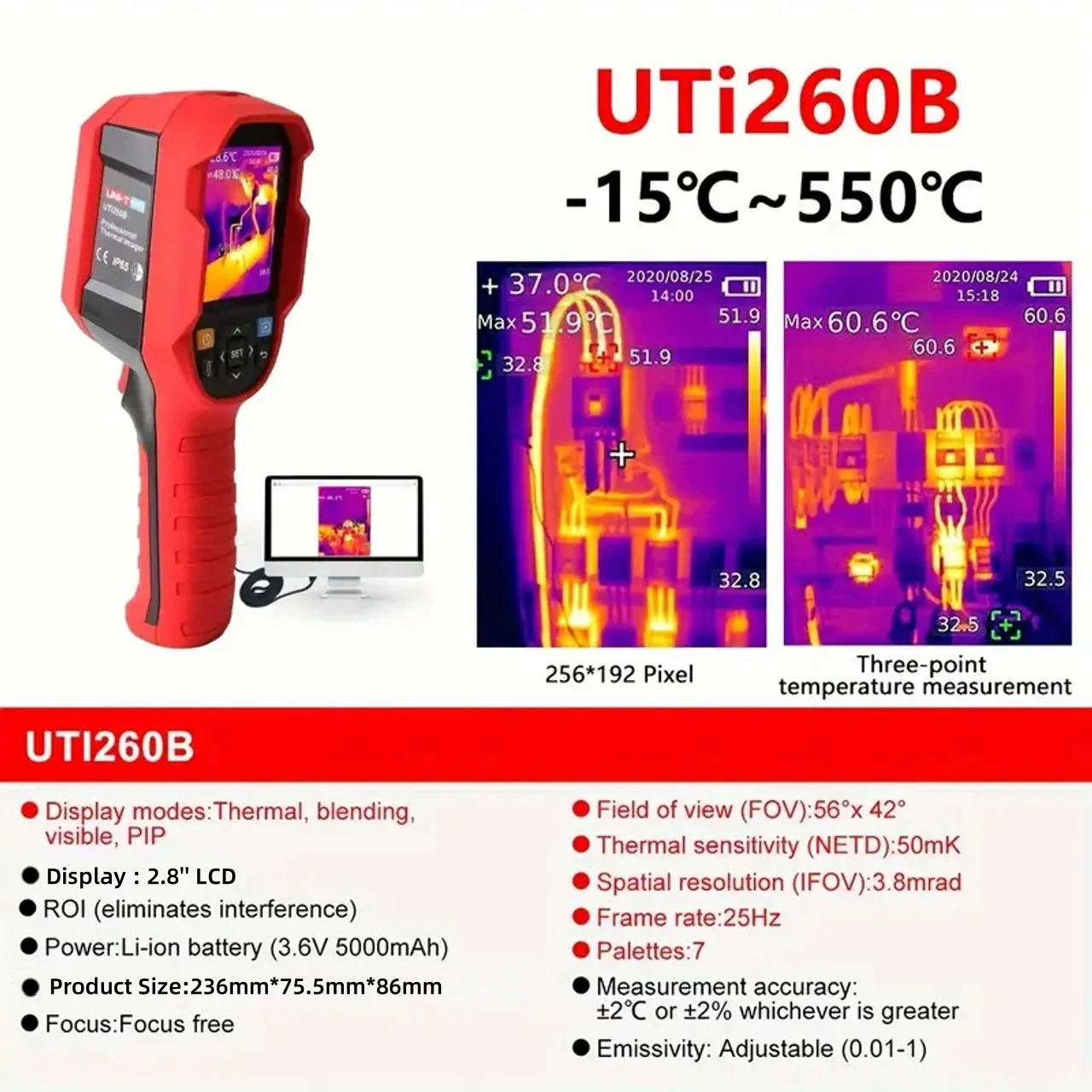 

UNI-T UTi260B 256x192 Thermal Camera, -20℃~550℃, IP65, 2m Drop Proof, 7 Palettes, Hot/Cold Spot Tracking, Electrical Testing