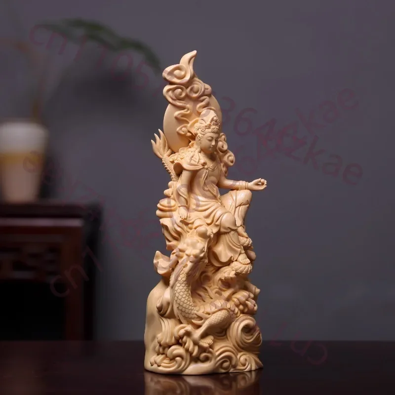 Wood Carved Guan Yin Statue Sitting on Dragon, Goddess of Mercy Figurine for Home Temple Altar Decor Ornament