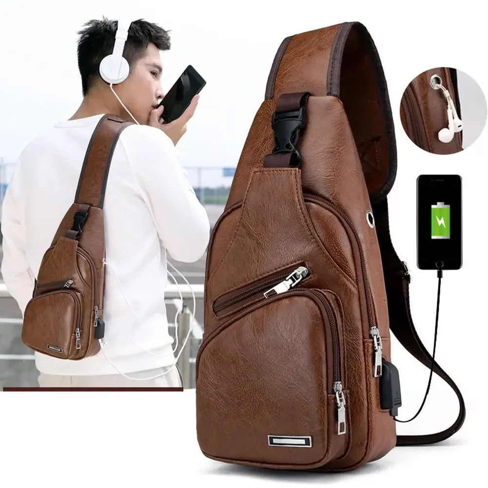 High Quality Men USB Charging Chest Bag Travel Hiking CrossBody Bag Male Messenger Bags for Men Leather Chest Pack Sling Bag