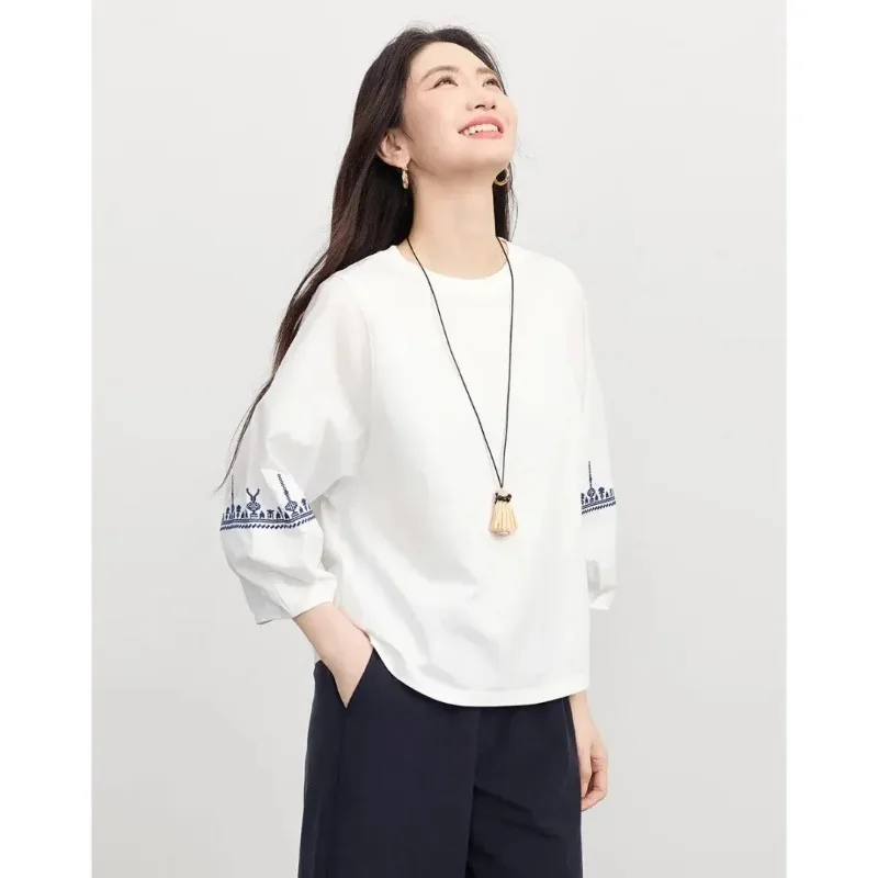 Boho Ethnic Women Loose Lantern Seven Sleeve T Shirt Summer Casual Soft Blouse