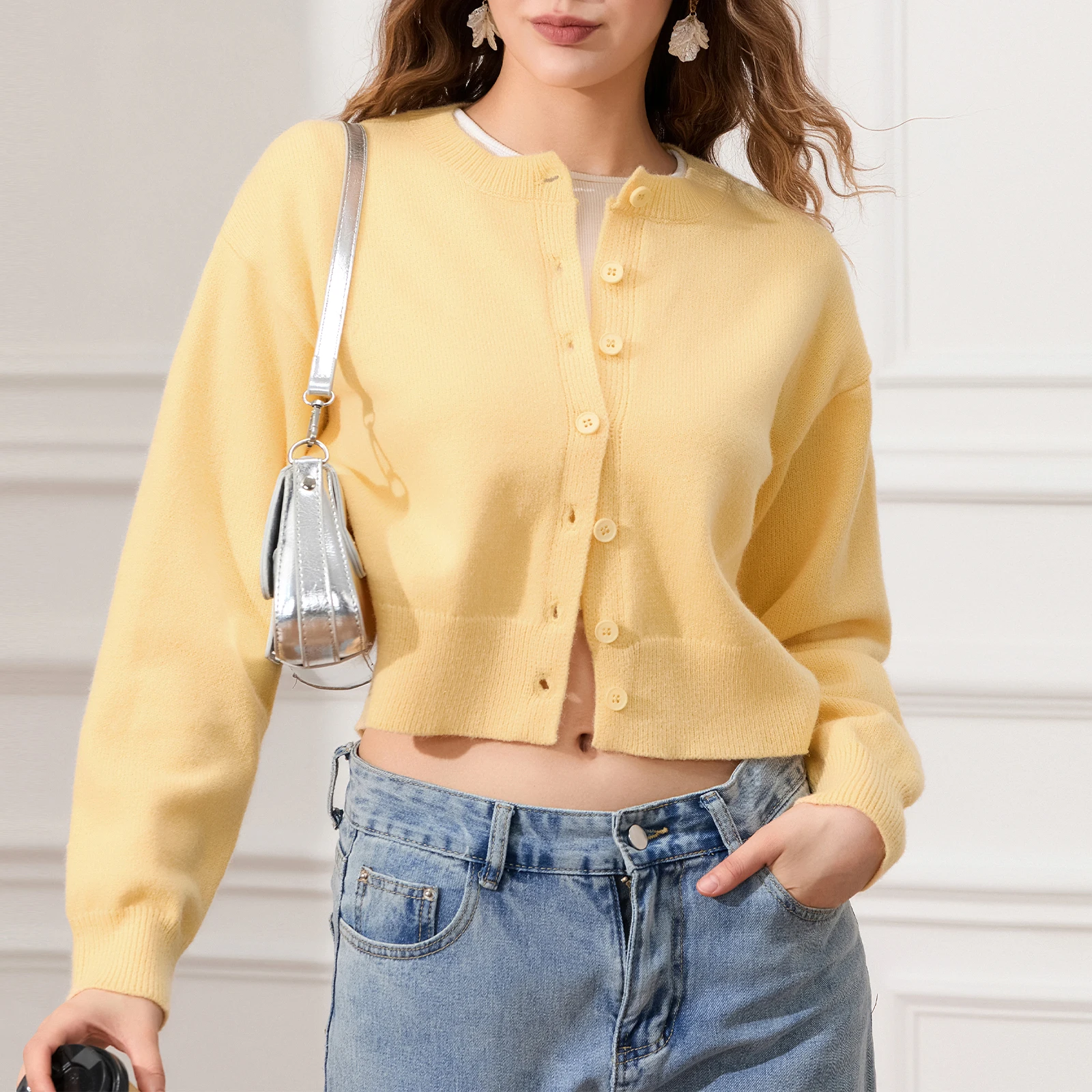 Women\'s Crop Tops Knit Cardigan Solid Color Crew Neck Button Down Long Sleeve Tops for Fall Winter