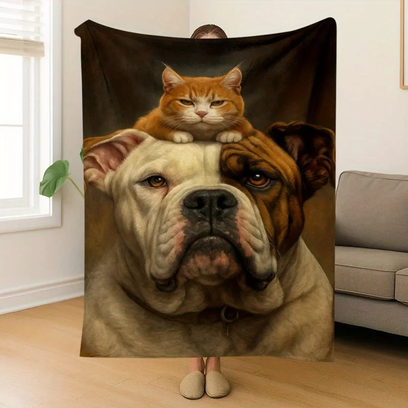 Funny Dog Cat Flannel Blanket Cute Bulldog Ginger Kitten Art Fleece Blanket Soft Cozy Warm Throw Blankets For Bed Sofa Gift