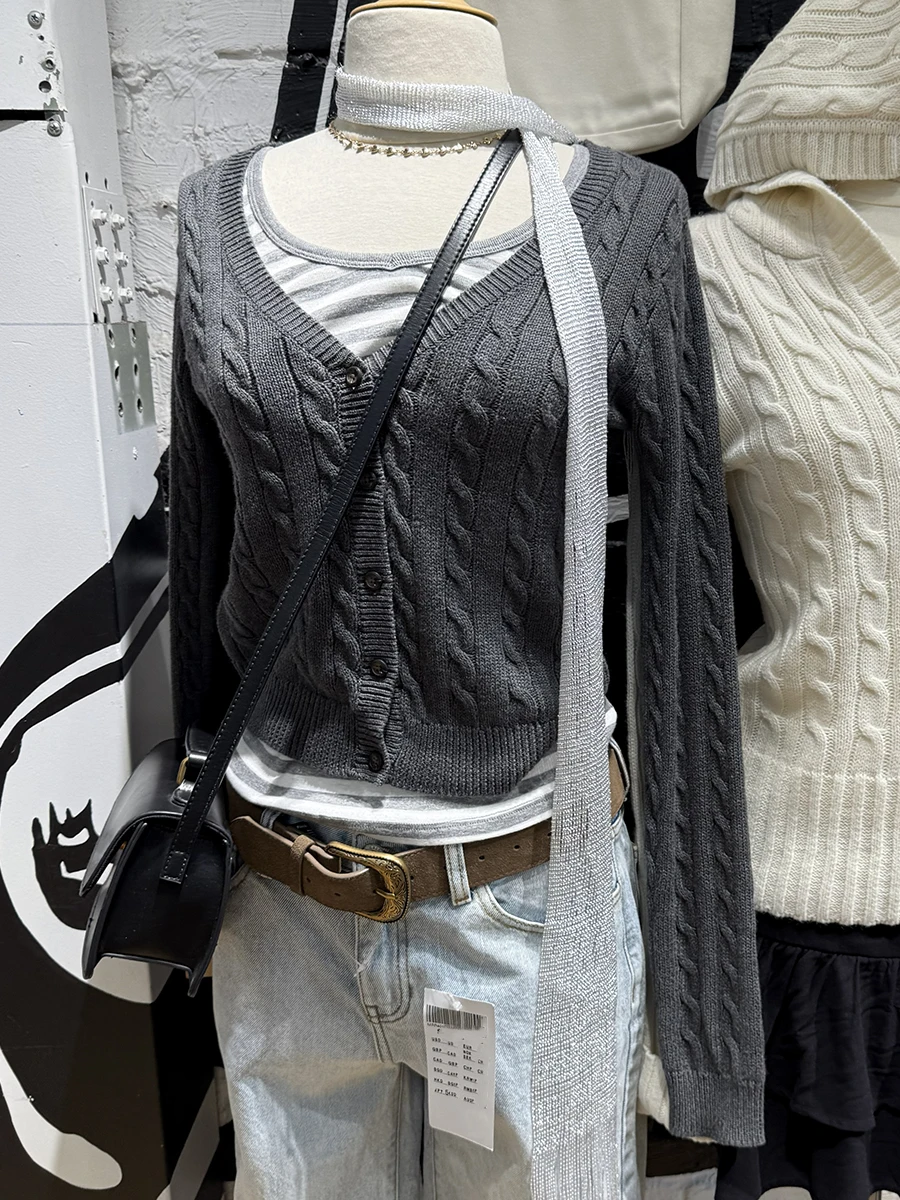 

Gray Twist Cardigan Women Spring Streetwear Fashion V-neck Slim Long Sleeve Jumper Tops Vintage Simple Basic Sweaters Coats Y2K