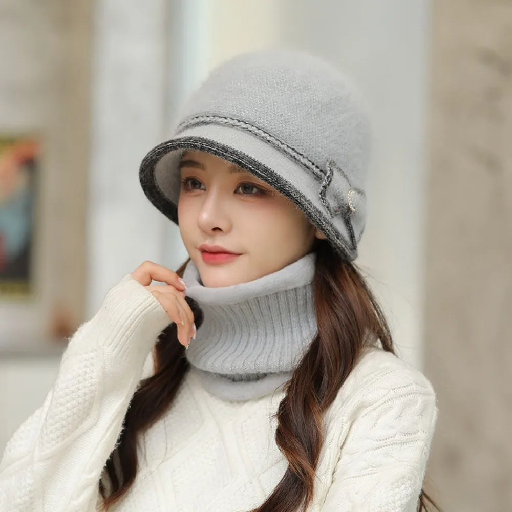 

Fashion Keep Warm Knitted Hat Windproof Bowknot Hat Scarf Set Thickened Winter Cap Women