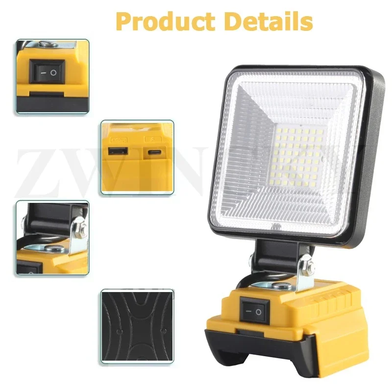 ضوء عمل LED لاسلكي لبطارية ديوالت 20 فولت أداة مصباح يدوي محمولة هدايا للرجال 140 °   إضاءة الفيضانات الخارجية القابلة للتعديل #3