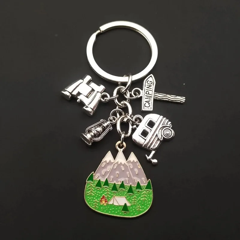 motorhome keychain RV Camping Site Keychain Mountain Camping Enthusiasts Souvenir Bonfire Evening Gift
