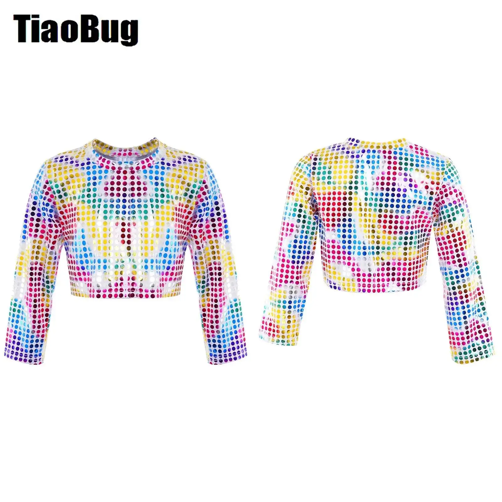 

Kids Boys Girls Shiny Sequins Dance Top Stylish Clothing Long Sleeve Round Neckline Solid Color Dance Crop Top