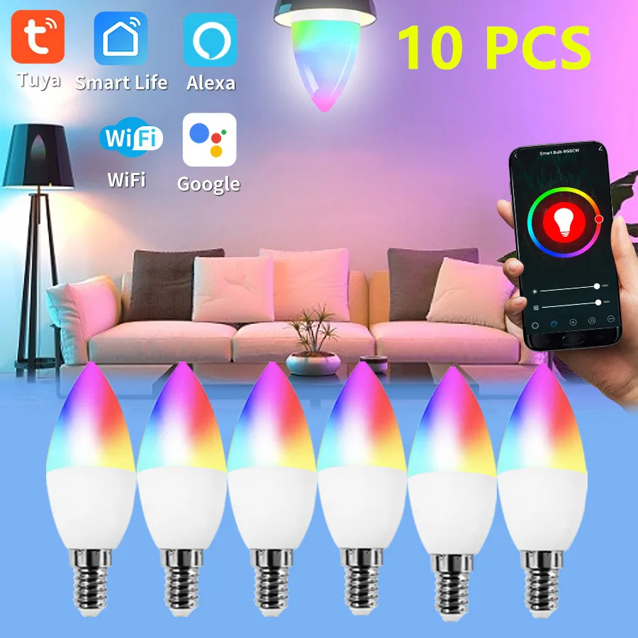 4PCS WIFI Smart Lamp E14 LED Bulb TUYA Candle Alexa Lights Bulb RGB 220V Dimmable Smart Bulb APP Voice Control Google Home