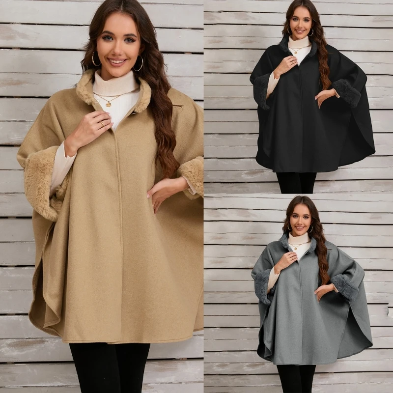 

Vintage Loose Fit Ponchos Capes Coat with Furry Collar Cuffs for Women Winter Open Front Baggy Cloak Cardigan Shawl Wrap