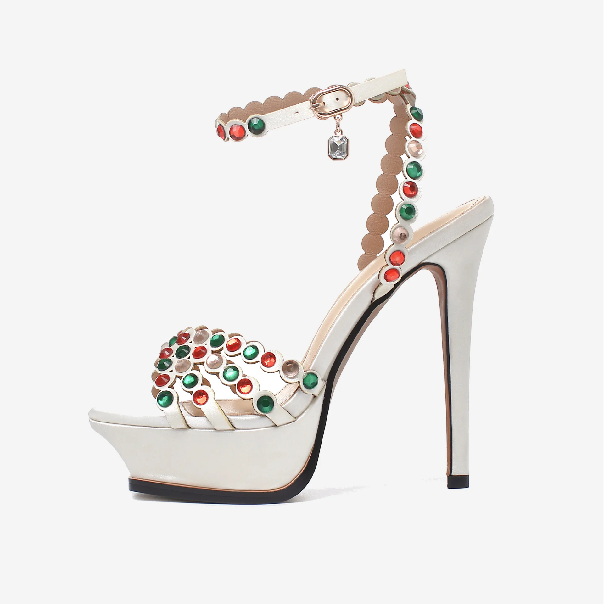 Red and Green Colored Diamonds Straps Waterproof Table High Heels Open-Toed Platform Dinner Host Temperament Dress Women's Shoes