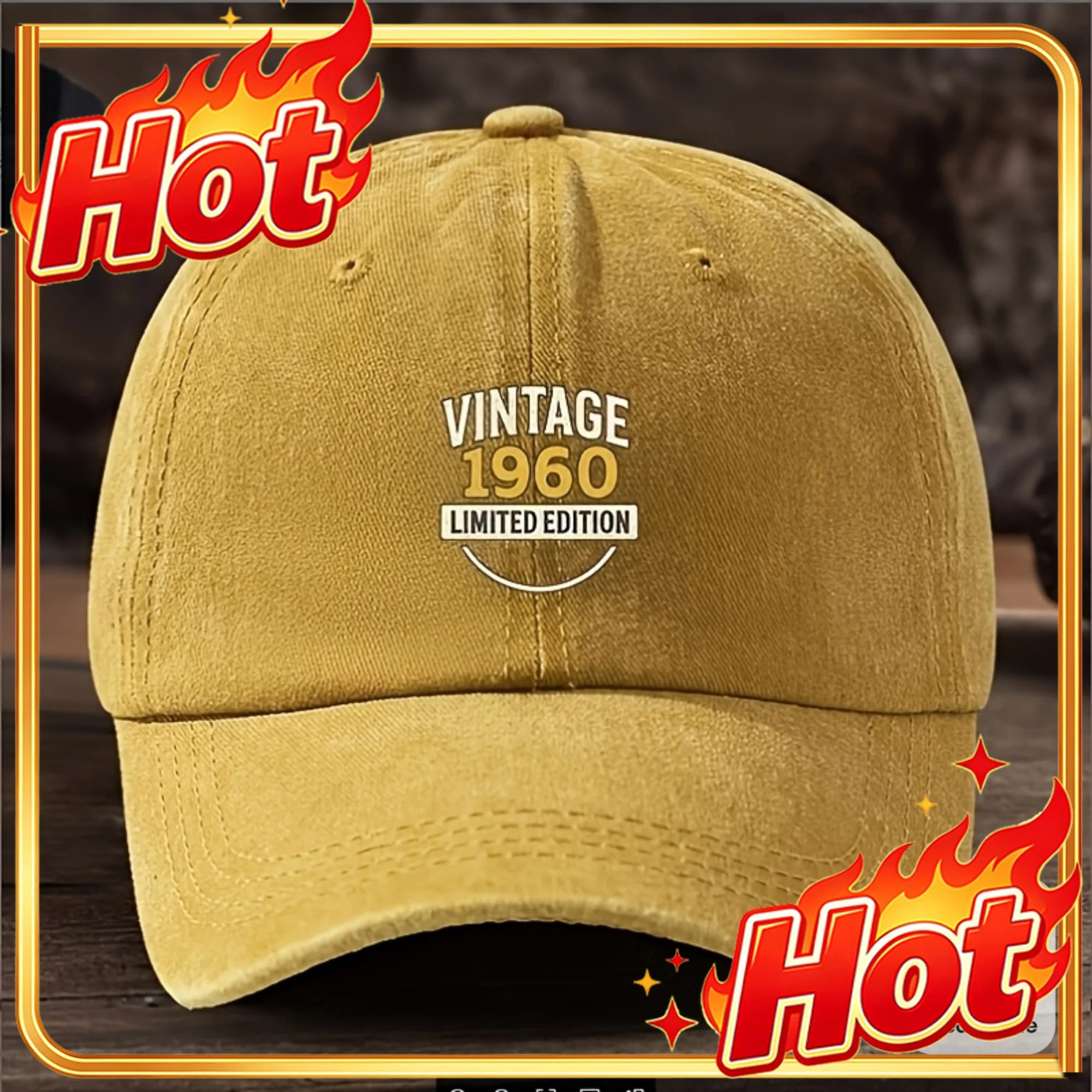 Classic 1960 Limited Edition Men'S Baseball Cap - Black With Golden Lettering, Adjustable Snapback, Breathable Fabric, Machine W