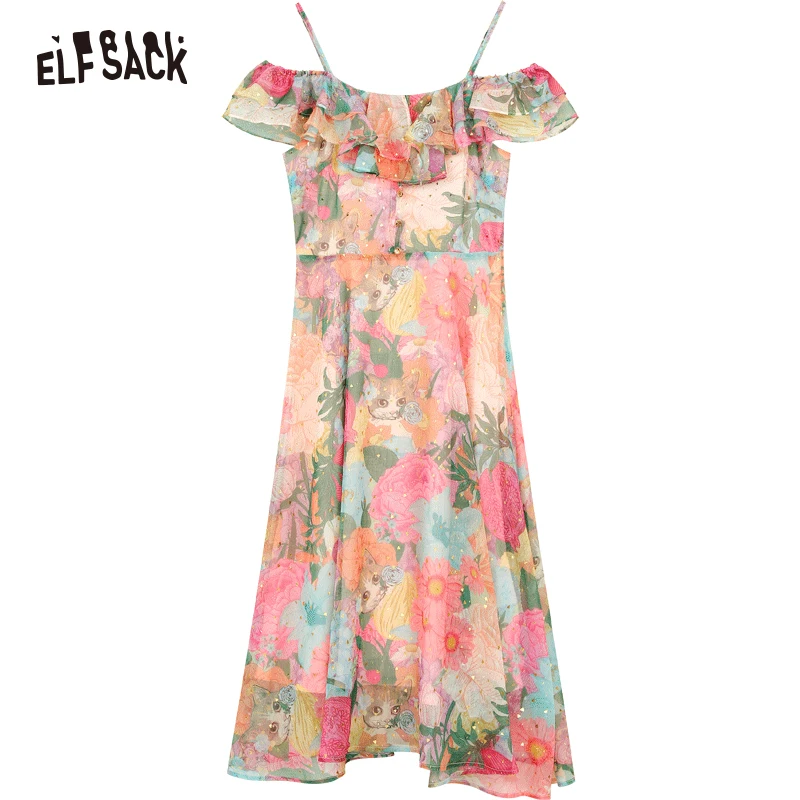 ELFSACK 2024 Summer New One-shoulder floral multi-color holiday style suspender dress for women