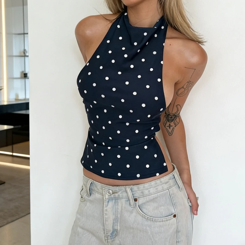 2025 new sexy sleeveless open-button vest fashionable neck halter strap polka dot top