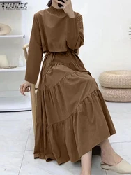 ZANZEA Elegant High Collar Ruffled Dress Casual Solid Color Robes Women 2023 Autumn Maxi Vestidos Party Holiday Cake Dresses