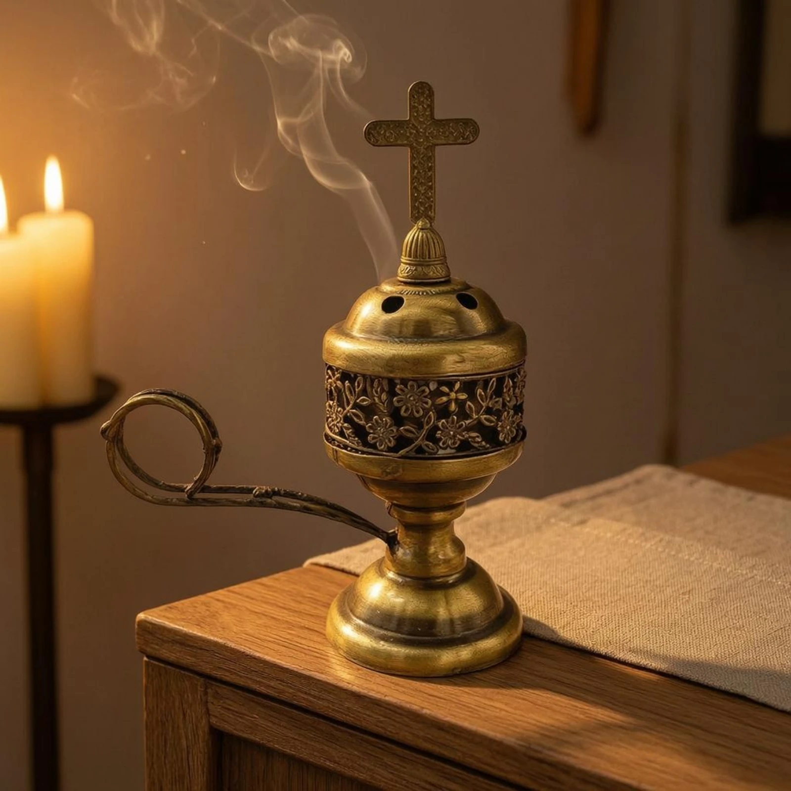 Metal Incense Burner Openwork Lidded Incense Burner Home Decor Loop Handle Ash-Catching for Indoor Use