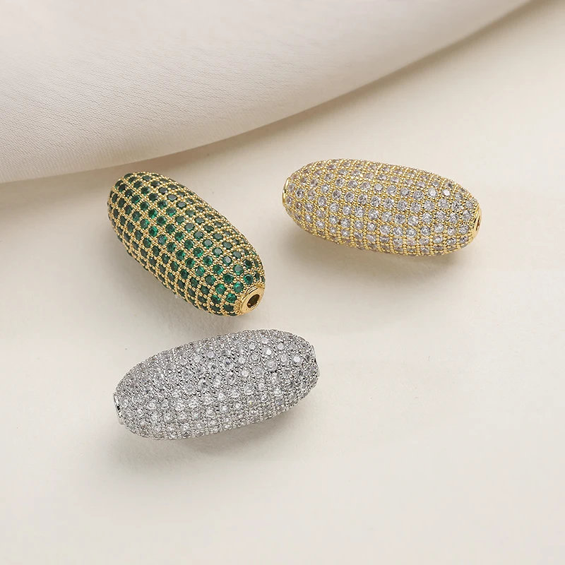 Big Size Zirconia Pave Bling Oval Beads Spacers for Women Jewelry Bracelet Making Bling 18K Gold Plated Accessories