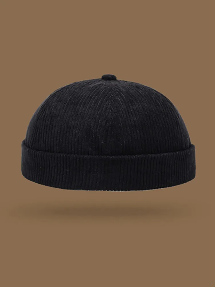 Kernstil: Cord-Label-Mütze für Frühling, Herbst und Winter – stilvolle Retro-Hip-Hop-Schädeldecke aus einfarbigem, gestreiftem Samt – Detail 2