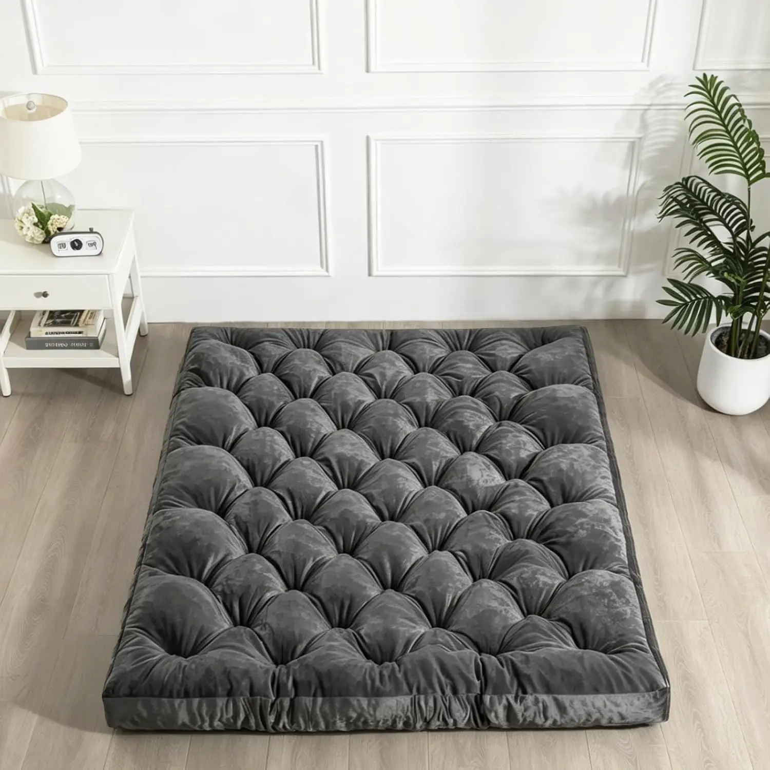 Japanese Floor Mattress Futon Mattress, Foldable Tatami Mat Roll Up Sleeping Pad, Portable Velvet Floor Lounger Bed For Camping Guest Room Living Room RV Travel, Solid Style, Grey, Single Piece