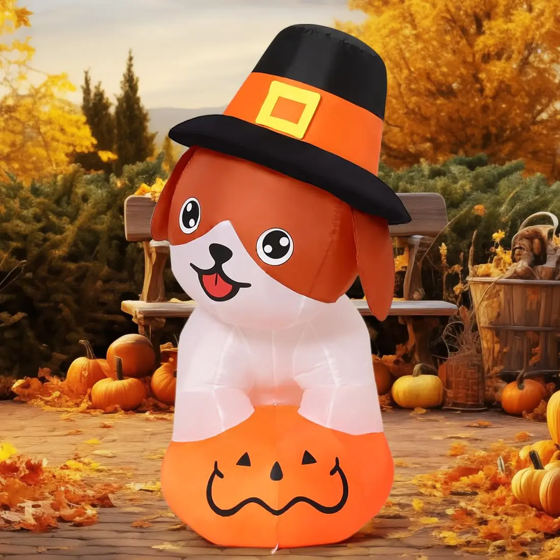 5.2 FT Thanksgiving LED Lights Inflatable Dog Pilgrim Hat Puppy Standing Pumpkin Outdoor Decorations for Children's Age Group