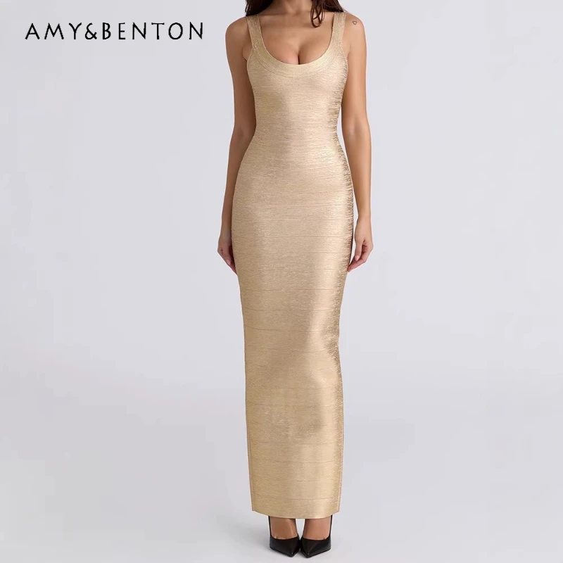 

2026 Spring Fashion Sexy Bodycon Women's Sling Dress Vintage Design Backless Solid Color Y2K European American Dresses Ladies