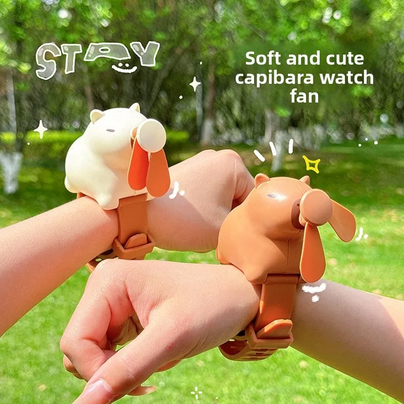 

Детский портативный мини-вентилятор на запястье 2026 с мультяшной капибарой, регулируемый, 3 скорости, мягкий ремешок, для лета, улицы, путешествий, праздников, подарок