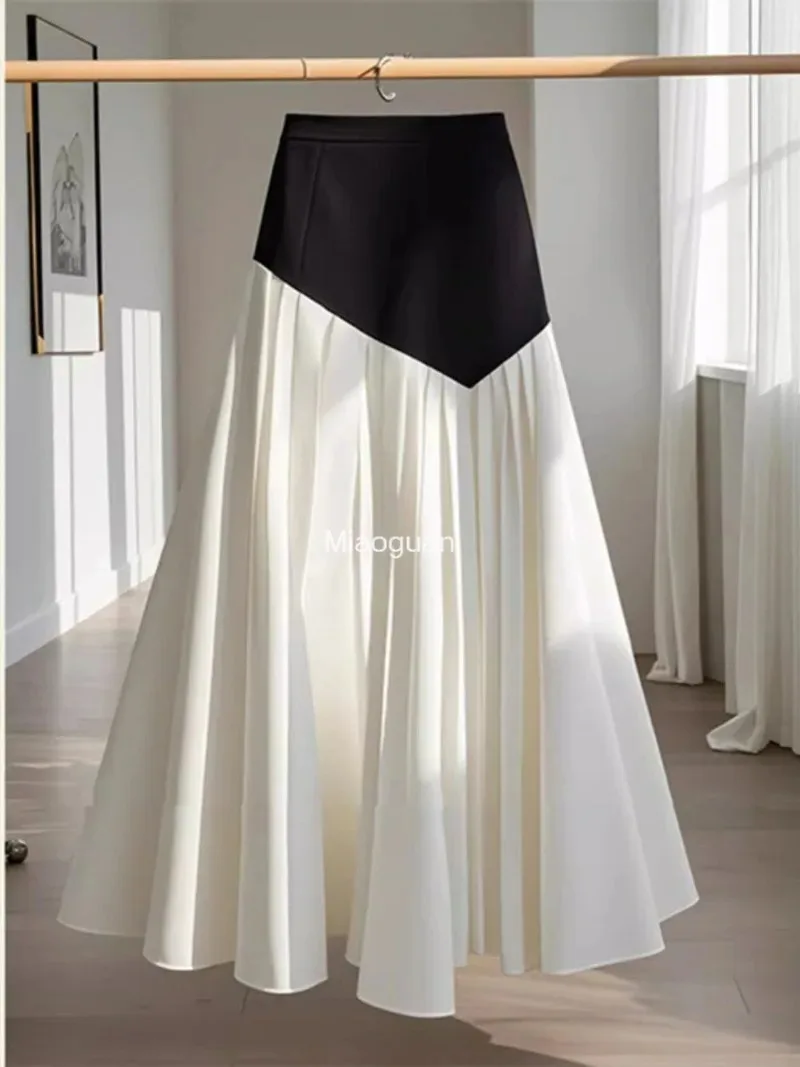 Temperament Contrasting Color Slim Fit A-line Umbrella Skirt Mujer Vintage Long Pleated Skirts New Spring Autumn Fashion Woman‘s