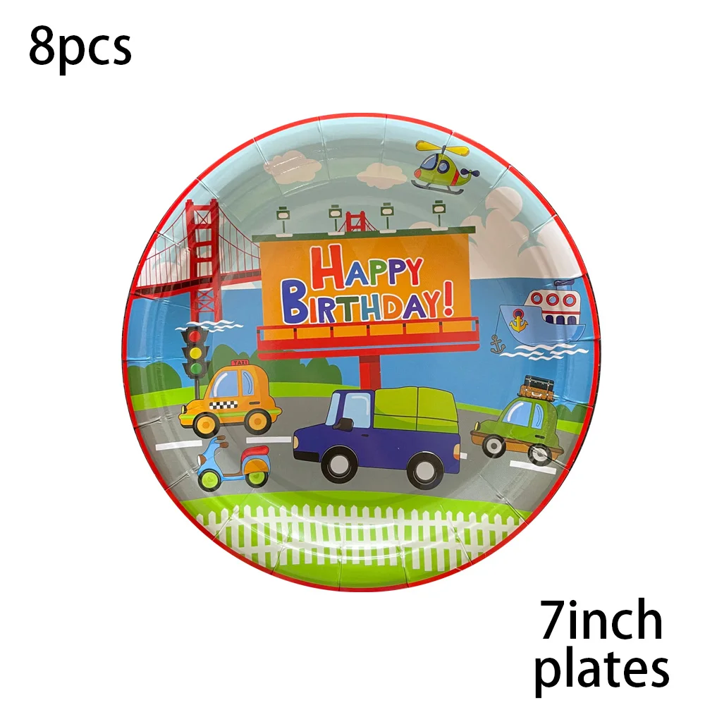 Transportation Bus Party Supplies Disposable Transportation Tablecloth Paper Plates Cups Happy Birthday Banner Decorations