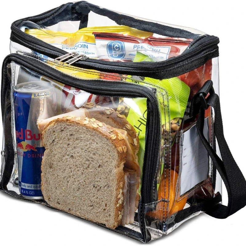 Transparente Lunchtasche aus PVC mit verstellbarem Schultergurt, Vorderfach, Netztasche, Lunchtasche für den Außenbereich