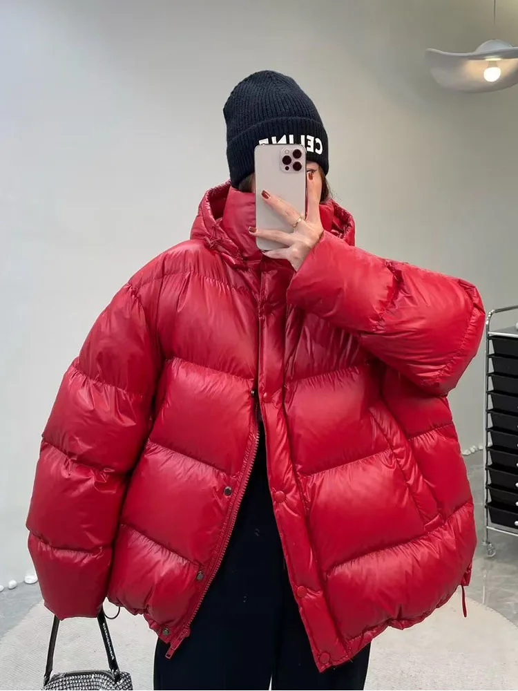 90% Duck Down Jacket Women Fall Winter 2023 New Long Sleeve Thicken Warm Loose Puff Jackets Chic with Hood Feather Coats