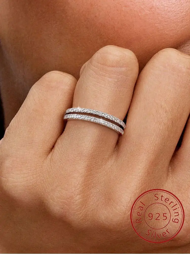 925 فضة موضة مزدوجة الطبقات الجوف خاتم الزركون للنساء المشاركة الزفاف عالية الجودة غرامة مجوهرات هدايا #1