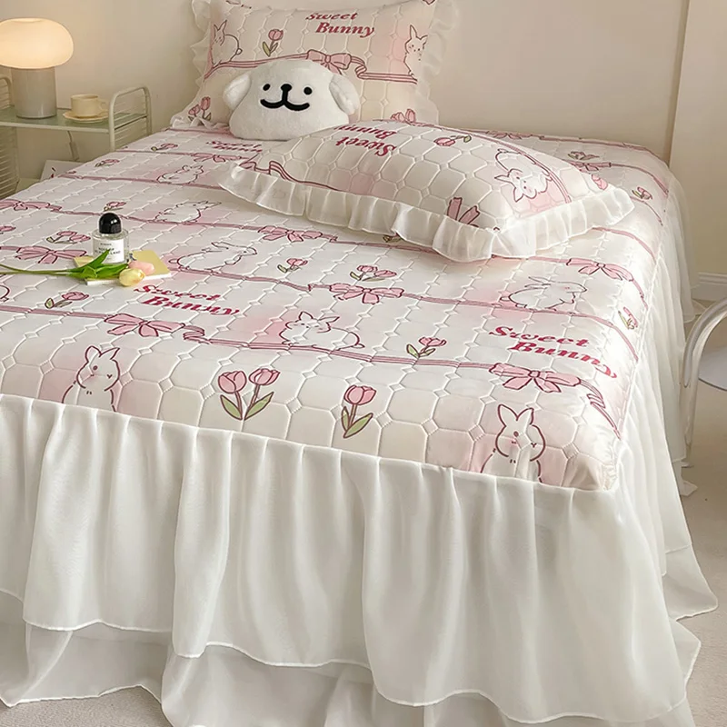 

Princ Sle Ice Silk Latex Mat Tee Piece Set with Lace Anti Slip Bed Cover Air Conditioning Soft Mat Waable